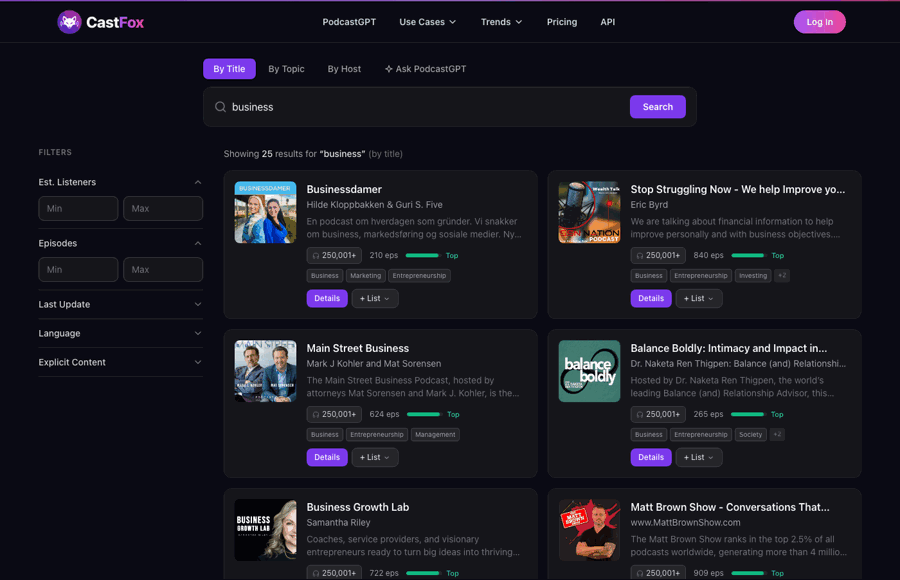 CastFox product demo — search, analyze, organize, and pitch podcasts