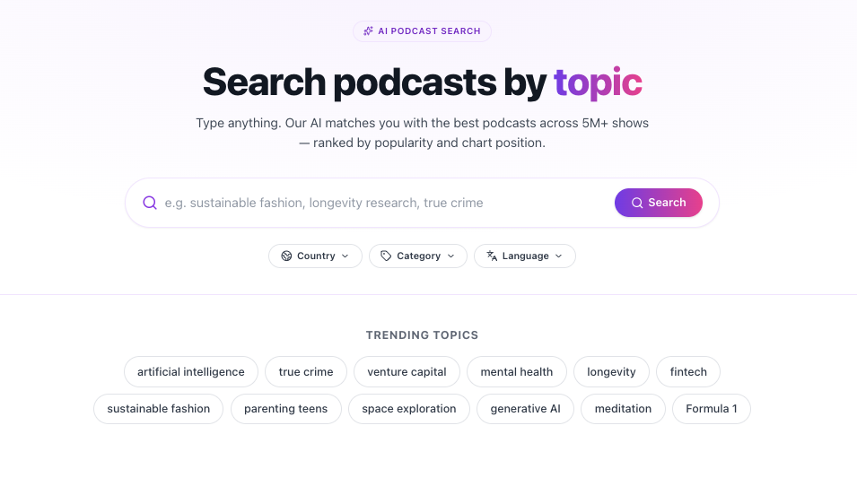 AI podcast search engine with plain-English query and ranked results