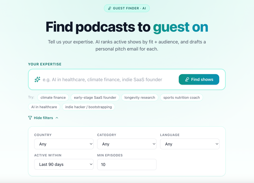 CastFox Guest Finder showing AI-ranked podcast matches with Pitch Score